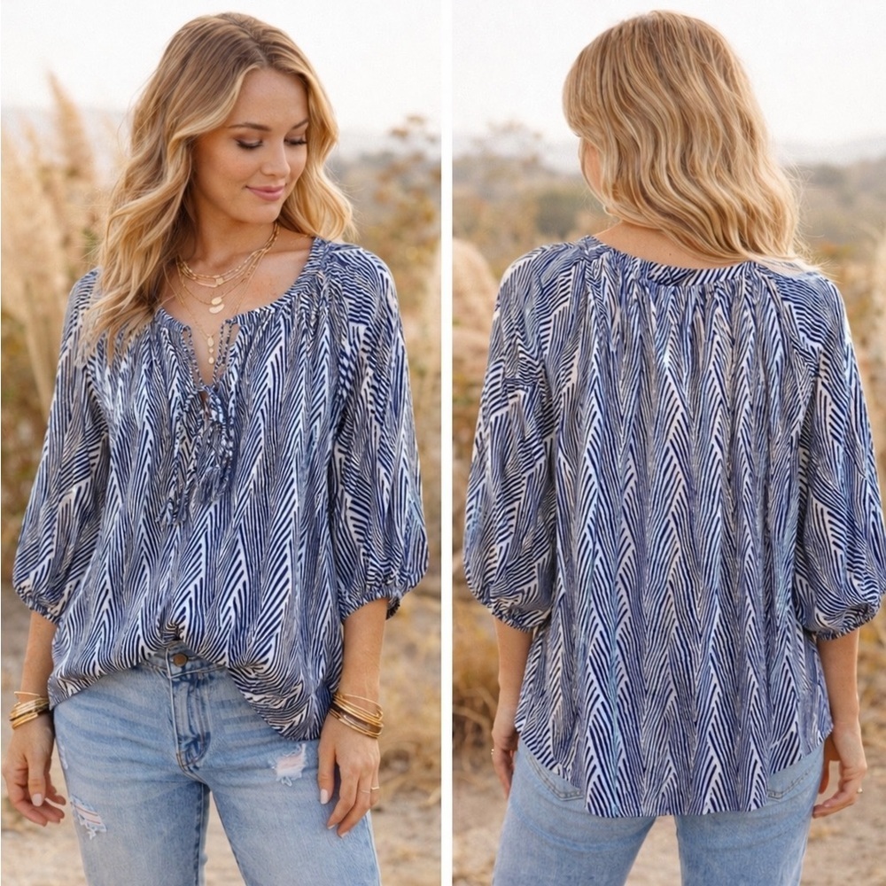 Zoa Peasant Blouse Blue/White Stripe Cottagecore Sz Small Beachy Nautical